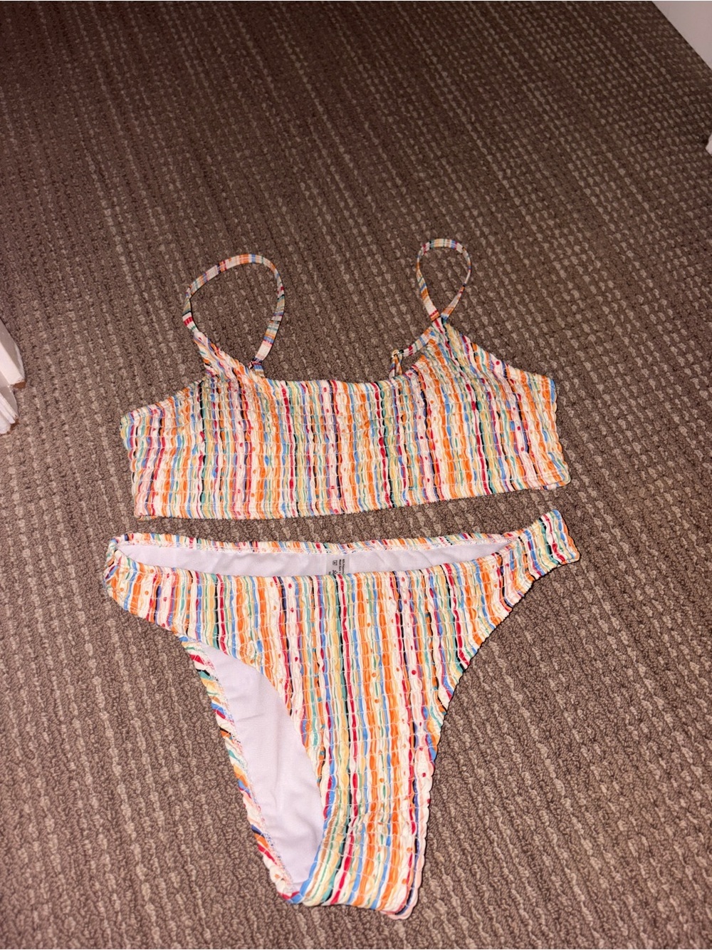 Multicolor Smocked Bikini Set - Vibrant Stripe Print